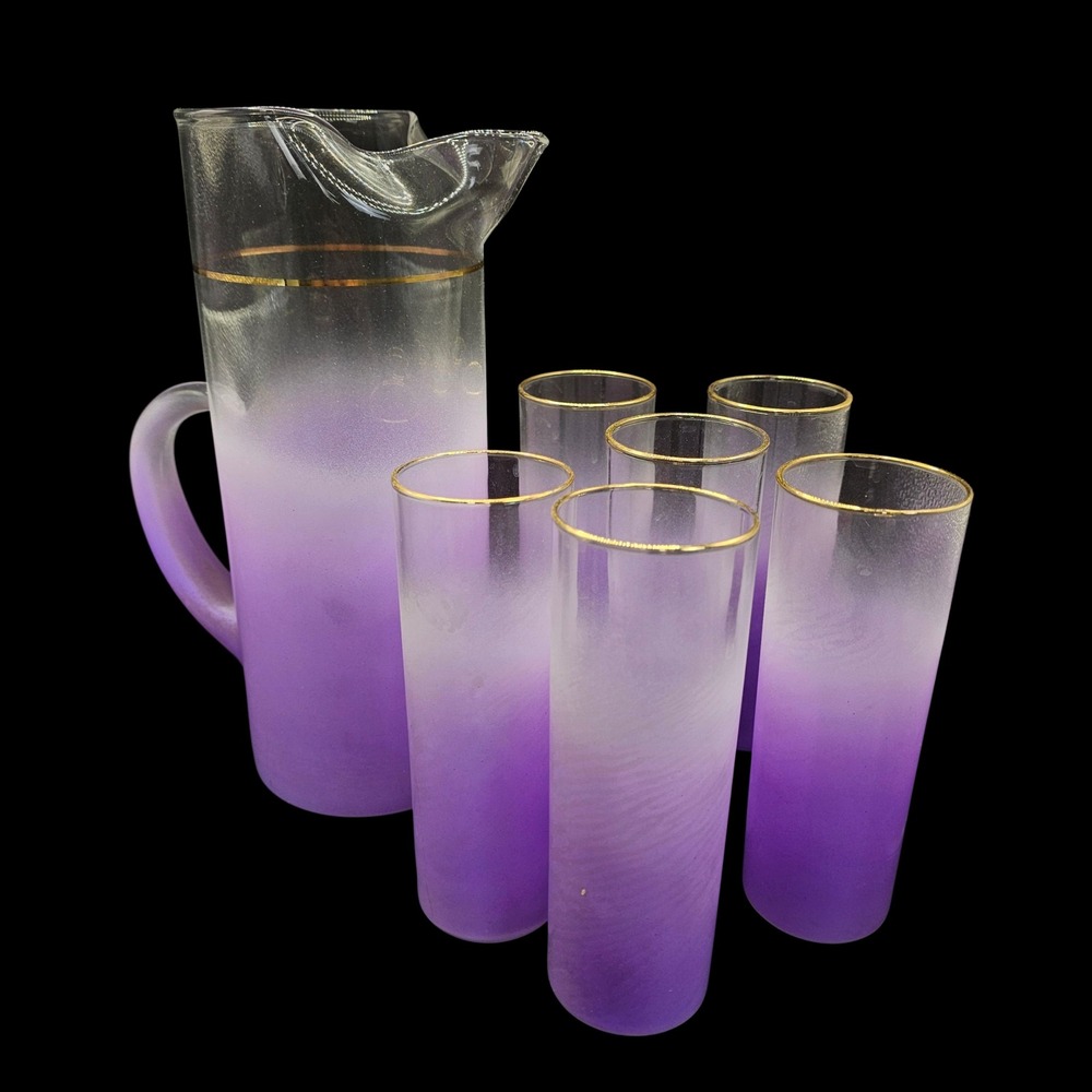 Vintage Blendo Frosted Ombre Purple‎ Pitcher & 6 Tumblers Gold Rim Barware Set
